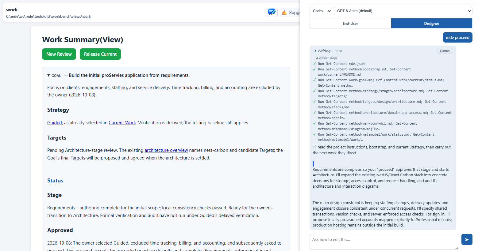 MDE Workbench showing Goal, Strategy, Targets and current work context