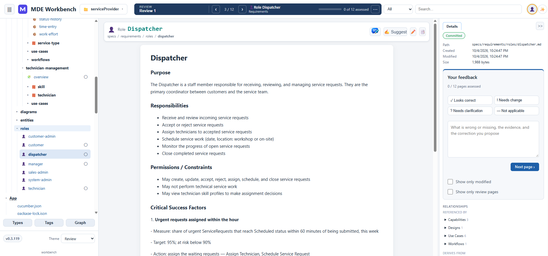 MDE Workbench review interface